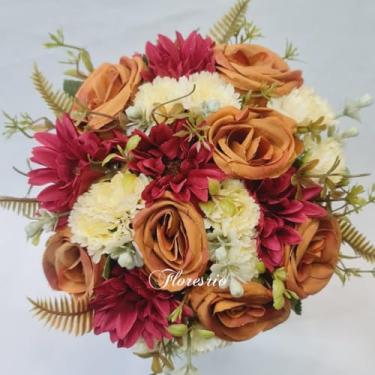 Imagem de Buquê de Noiva Artificial com Flores Coloridas para Casamento Civil ou Religioso(Caramelo/Branco/Vermelho)