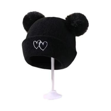 Imagem de Gorro Duplo Infantil Quente De Tricô Com Coração Bordado Para Meninos 