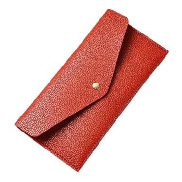Imagem de Carteira longa feminina estilo envelope com fecho de pressão - Bolsa fina de poliuretano, 20 x 10 cm, 70 g (preto, vermelho, café, azul), Vermelho, Clássico