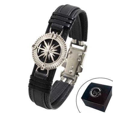 Imagem de Pulseira Masculina De Couro Bússola Preta Rumo Direção NE-Unissex