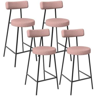 Imagem de Kit 04 Banquetas Baixa Bar Cozinha Sala De Jantar Aço Milão L02 Linho Rosa - Lyam Decor
