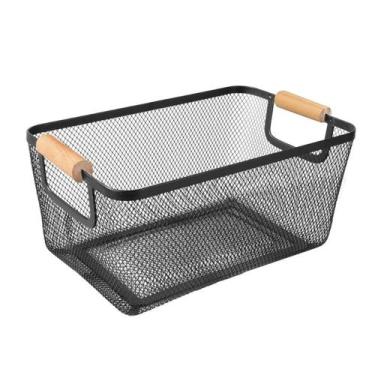 Imagem de Cesto Organizador 32x15x20cm com Alça de Madeira Multiuso - Mai Home, 