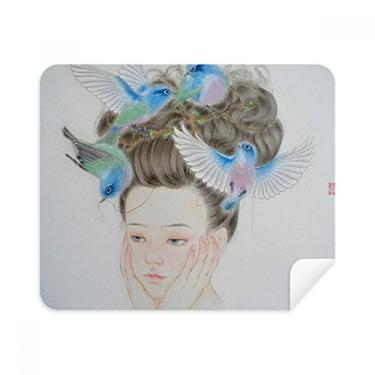 Imagem de Pretty Girl Blue Bird Pano de limpeza de pintura chinesa 2 peças tecido de camurça