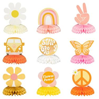 Imagem de A1diee 9Pcs Groovy Hippie Boho Party Honeycomb Centerpieces Retro Boho Rainbow Daisy Flower Butterfly Peace Theme Table Topper Birthday Party Decoration for Girls Teens Baby Shower Photo Booth Props
