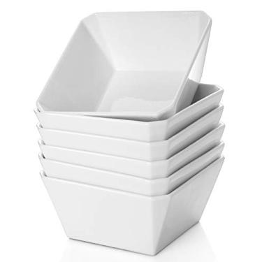 Imagem de SAMSLE Tigelas de cereal de porcelana, conjunto de tigelas quadradas de 473 ml, tigelas de cerâmica branca de 12 cm para cereais, sopa, lanche, sobremesa e marmelada, seguras para lava-louças e micro-ondas, conjunto de 6