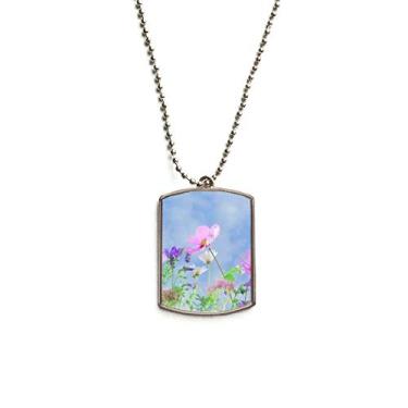 Imagem de DIYthinker Colar com pingente de corrente de aço inoxidável com flores roxas e rosa com fundo azul