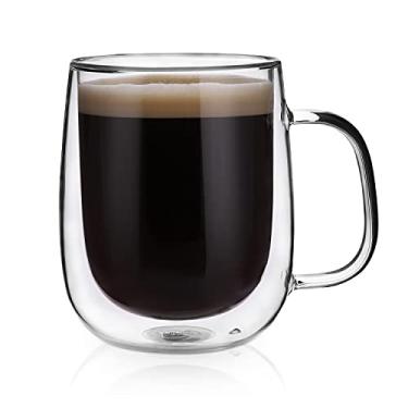 Imagem de CNGLASS Caneca de café grande de vidro de parede dupla de 450 g, copo de café de vidro isolado transparente com alça grande