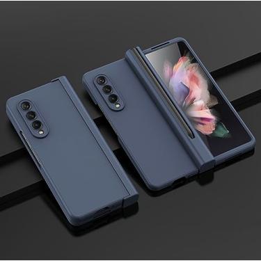 Imagem de Capa de telefone para Samsung Galaxy Z Fold 4 3 5G com S Pen Slot dobradiça capa de plástico com tela frontal de vidro, azul, para Galaxy Z Fold 3