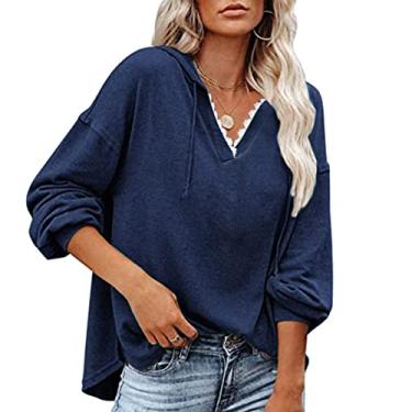 Imagem de Top Feminino Com Capuz, Suéter Com Decote Em V Com Emenda de Renda para Casa para Mulheres (S)
