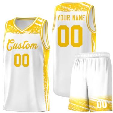 Imagem de Camisa masculina personalizada de basquete juvenil uniforme de treino uniforme impresso personalizado nome do time logotipo número, Branco e amarelo - 14, One Size
