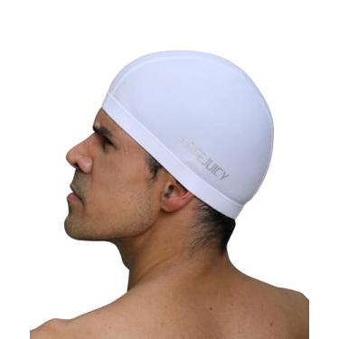 Imagem de Touca de natação masculina adulto tecido de nylon macio cabelo curto cor sólida chapéu de natação confortável respirável alta elasticidade (branco)