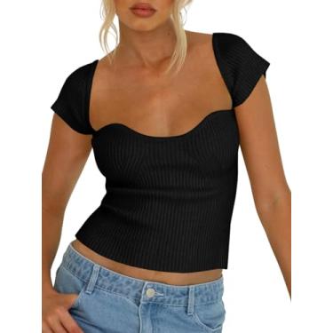 Imagem de Tankaneo Camisetas femininas de malha canelada com gola redonda e manga cavada casual, Preto, G