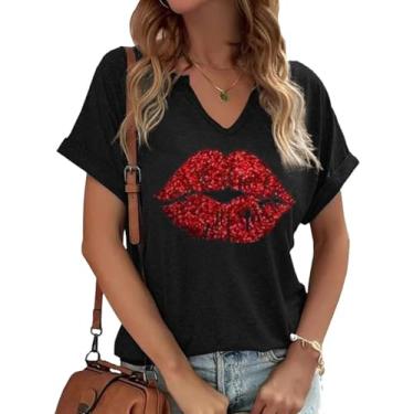 Imagem de Earlymemb Camiseta feminina com estampa de coração e decote em V para o dia dos namorados para casal, casual, de manga curta, para presente, B - preto - 1, P