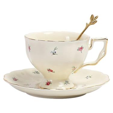 Imagem de Conjunto de xícara de chá e pires de porcelana, caneca de café de cerâmica de 250 ml com pires e colher, xícara de café vintage com acabamento dourado para mãe, dia das mães, padrão de flores