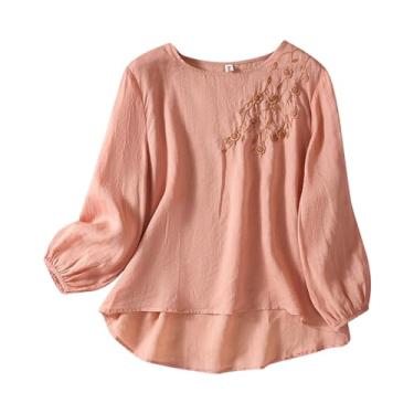 Imagem de Howstar Blusas de linho para mulheres 2024 verão boho elegante blusa casual bordada gola redonda plus size túnica manga cotovelo, A8 - Rosa, M