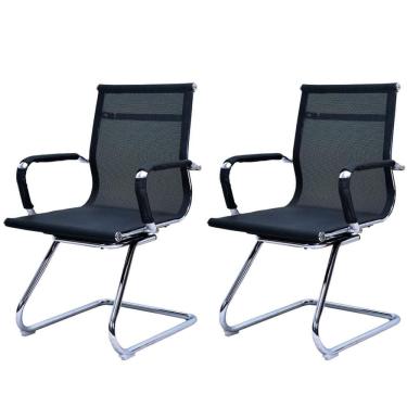 Imagem de Kit 2 Cadeiras Office Sydney Fratini Tela Preta Base Fixa Aço Cromado
