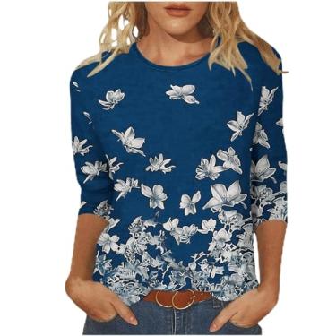 Imagem de Camisetas femininas de verão, manga 3/4, gola redonda, estampa floral, caimento solto, manga três-quartos, blusas casuais, 19s azul-marinho, M