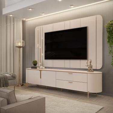 Imagem de Bancada Com Painel Celine Para TV Até 75 Polegadas 2 Portas 2 Gavetas LED Off White- DJ Móveis