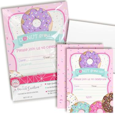 Imagem de Convites para festa de aniversário Donut Grow Up para meninas, 50 x 7" Preencha cartões com vinte envelopes brancos da AmandaCreation