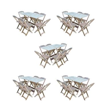 Imagem de Kit 5 Conjuntos de Mesa Dobravel com 6 Cadeiras de Madeira 120x70 para Restaurante e Bar- sem Pintur