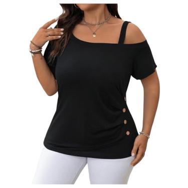 Imagem de RoseSeek Camiseta feminina plus size assimétrica ombro de fora com botões franzidos verão casual, Preto, XGG