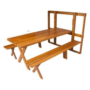 Imagem de Mesa Rústica Dobrável de Parede Churrasco 2m 2 Bancos Madeira Maciça A