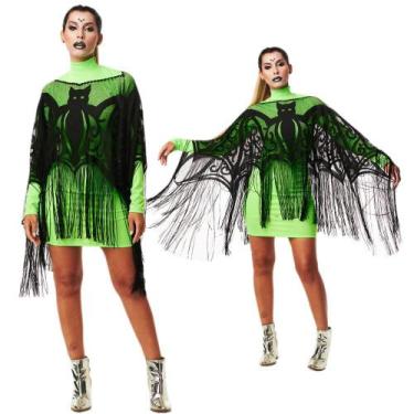 Imagem de Poncho Halloween Feminina Preta Com Franja de Morcego - Fantasias Caro