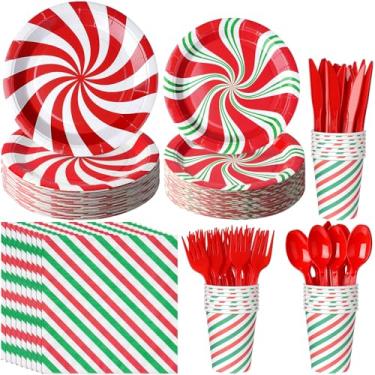 Imagem de 175 peças de pratos de festa de bengala de doces de Natal, utensílios de mesa descartáveis de Natal, espiral, hortelã-pimenta, prato de papel verde vermelho e guardanapos, colher, para decorações de