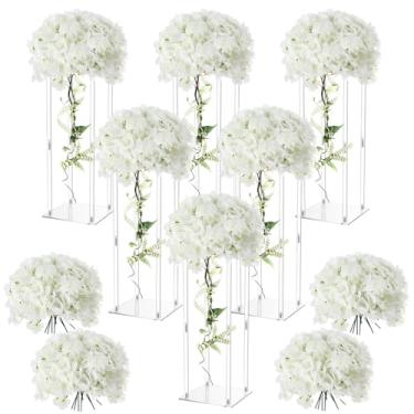 Imagem de Geetery 6 peças de centro de mesa de centro de mesa de acrílico de acrílico transparente e elegante com 50 peças de flores artificiais de hortênsia para decoração de casa de mesa de festa de casamento