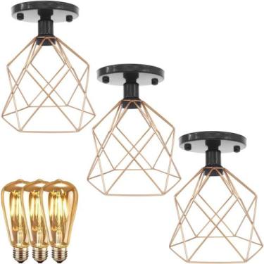 Imagem de 3 Lustre Teto Plafon + 3 Lâmpada Led St64 Industrial Aramado Cálice Re