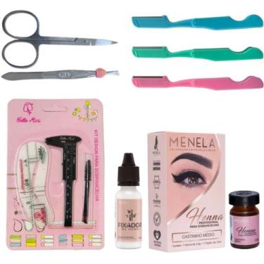 Imagem de kit henna menela sobrancelha designer profissional pincel duplo navalh