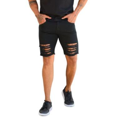 Imagem de Bermuda Jeans Preto Rasgada Masculina Skinny Destroyed - Mitchelgutto,