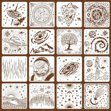 Imagem de Conjunto de estênceis Sol Lua Estrelas (16 designs, 15 x 15 cm) | 16 estênceis reutilizáveis para espaço sideral | Modelos de desenho temático astronauta universo galáxia planetas estênceis para