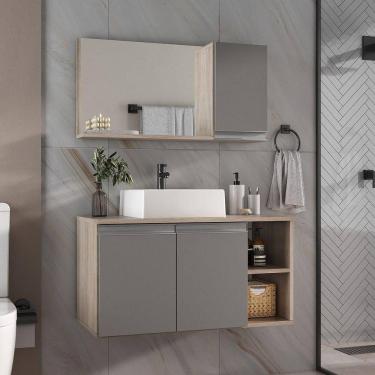 Imagem de Conjunto Gabinete Banheiro Virtus 80cm - Gabinete + Cuba + Espelheira Madeirado Cinza