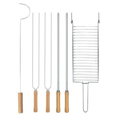Imagem de Kit Preparo Churrasco 6pcs Churrasqueira Espetos 55cm Simples e Duplo 