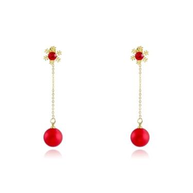 Imagem de Brincos de laço de Natal para mulheres, lindos brincos de laço de pérola, brincos pendurados com strass, brincos de sino de Natal, moda de Natal, brincos de laço vermelho, bijuterias de festa de