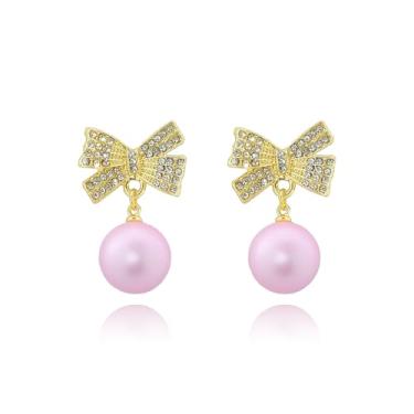 Imagem de Brincos de laço de Natal para mulheres, lindos brincos de laço de pérola, brincos pendurados com strass, brincos de sino de Natal, moda de Natal, brincos de laço vermelho, bijuterias de festa de