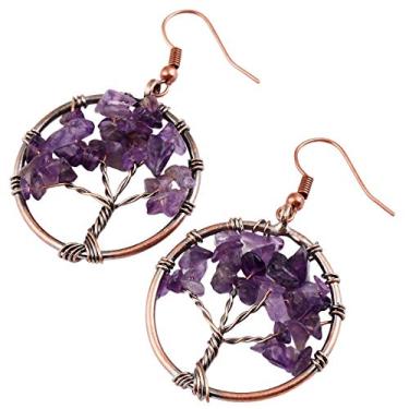 Imagem de Nupuyai Brincos com pingente de árvore da vida, brincos de gancho com pedras polidas para mulheres, Pedra Metal, N.º 1 Pedra de cristal ametista