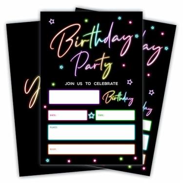 Imagem de JCVUK Convites de festa de aniversário - neon brilhante retrô - 20 peças de cartões de convite de preenchimento dupla face e envelopes para meninos, meninas, lembrancinhas de festa de aniversário e