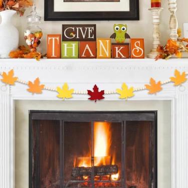 Imagem de Gistome Guirlanda de Contas de Madeira de Outono de 4,2 Pés com Pingentes de Folhas de Bordo, Decoração de Contas de Cores de Colheita de Outono com Bordo de Feltro, Banner de Faze (, Folha De Bordo)