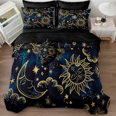 Imagem de Merryword Conjunto de edredom com 8 peças, universo, sol e lua, tamanho king, galáxia, azul, dourado, lua e estrela, boêmio, gótico, para meninos e mulheres
