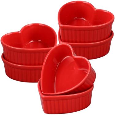 Imagem de 6 peças de ramequins de cerâmica para Dia dos Namorados em forma de coração, 170 g, seguros para forno, creme, brulee, tigelas pequenas para assar ramequins para cozinha, festa, lanche, servir, molho,