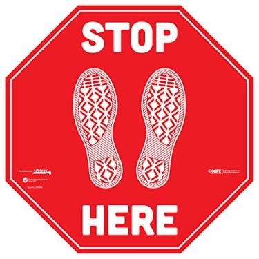 Imagem de BeSafe Messaging"Stop Here", pacote com 6 - Placas vermelhas de 30,48 cm, vinil reposicionável certificado UL 410, adesivos de piso, comerciais e de pegada escolar (pacote com 6)