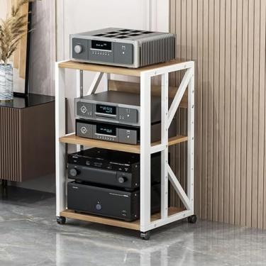 Imagem de Suporte de mídia AV móvel de 3/4/5 níveis Prateleira de canto para leitor de CD, gabinete de armazenamento de componentes estéreos, torre de áudio com prateleiras de madeira ajustáveis de altura para