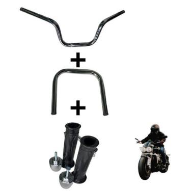 Imagem de Guidão Moto Cg Cargo 160 Cromado Manopla Riscadinha + Pesinho + Barra 