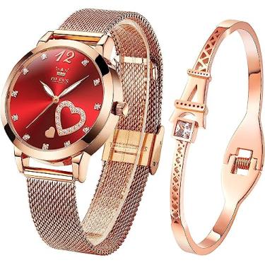 Imagem de OLEVS Conjunto de relógios femininos com pulseira ouro rosa para mulheres, minimalista, simples, fino, casual, analógico, quartzo, impermeável, dois tons, relógio vermelho feminino, relógio masculino
