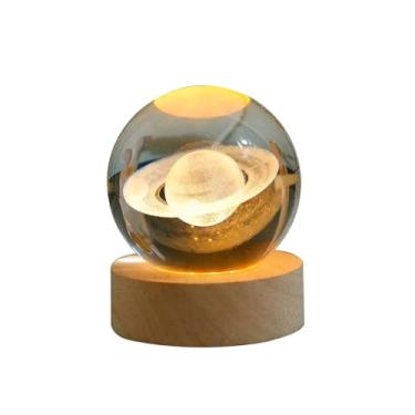 Imagem de Luminária Bola de Cristal 3D Base Madeira Planeta Saturno