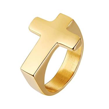Imagem de OAKKY Anel religioso masculino de aço inoxidável com símbolo de cruz lateral, Metal, Metal