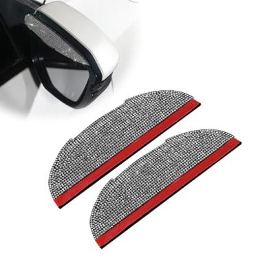 Imagem de Espelho traseiro de carro 2 peças à prova de chuva cravejado de diamante sobrancelha antirreflexo carro espelho retrovisor universal placa à prova de chuva (branco)