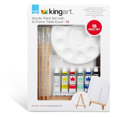 Imagem de KINGART Conjunto de pintura de artista de 15 peças com 6 cores vívidas de tinta acrílica, cavalete de 30,48 cm, 4 painéis de tela, 3 pincéis, paleta de pintura - crianças divertidas, escola infantil, estudantes, kit de arte para iniciantes